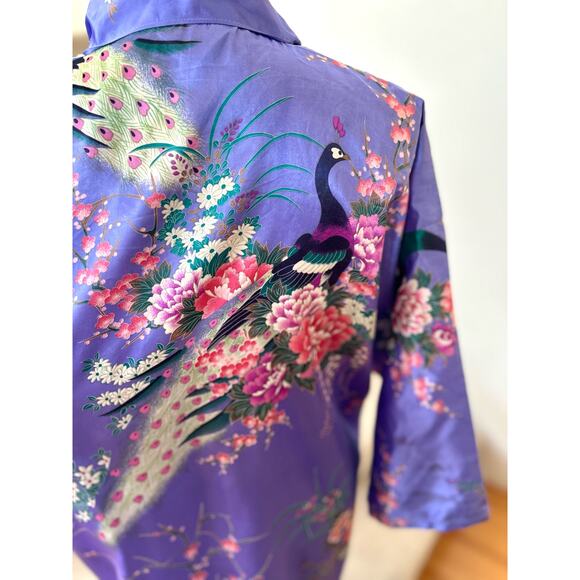 Vintage Purple Satin Peacock & Pink Lotus Open Kimono Robe - Picture 3 of 8